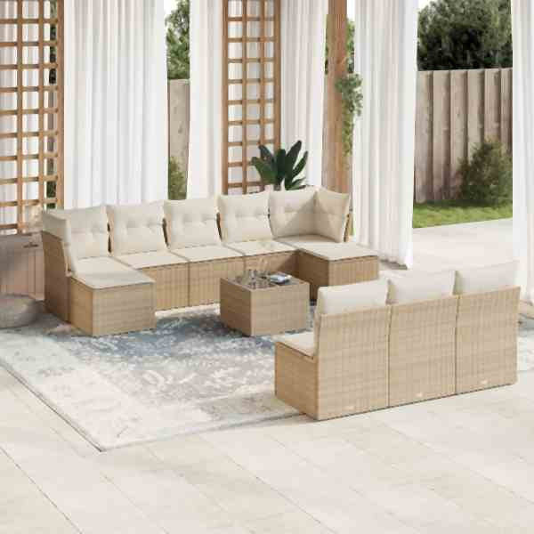 vidaXL 11-tlg. Garten-Sofagarnitur mit Kissen Beige Poly Rattan, UV-beständig, 3250137