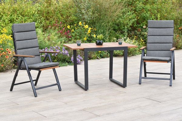 Merxx Athos Set 5-teilig, 2 Klappsessel, 2 Kissen, unigrau, 1 Balkonausziehtisch, 80 (120) x 70 cm, Tischplatte aus Akazienholz, 51008-800