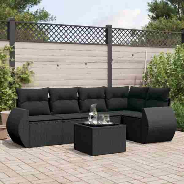 vidaXL 6-tlg. Garten-Sofagarnitur mit Kissen Schwarz Poly Rattan, UV-beständig, 3253672