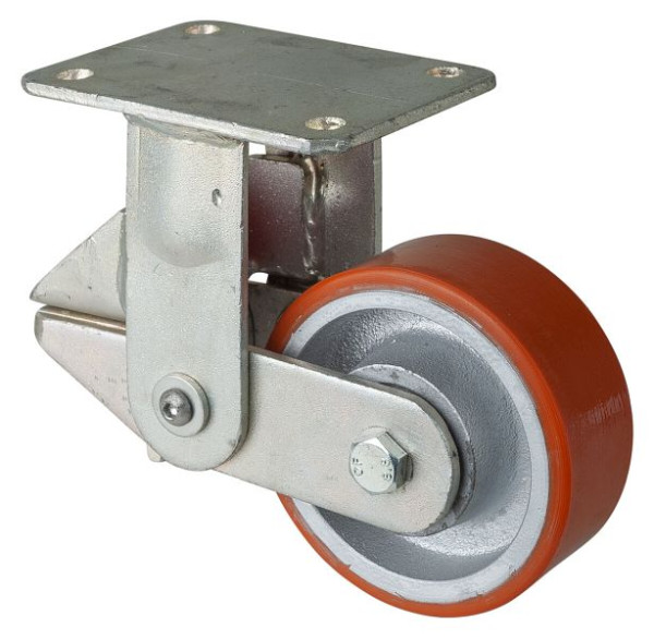 BS Rollen Gefederte Schwerlastrolle, Bockrolle, Breite 50 mm, Ø125 mm, bis 550 kg, Lauffläche Guss-Polyurethan 95 Shore A, Guss, Kugellager, T110.C10.125