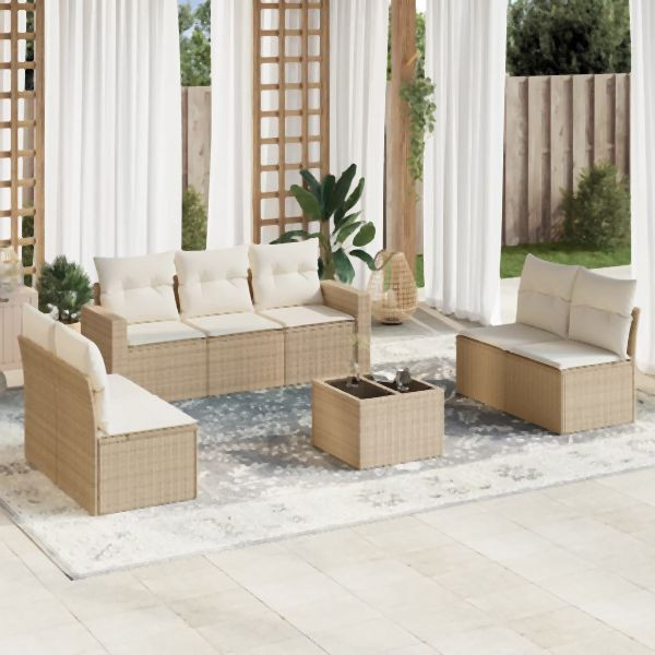 vidaXL 8-tlg. Garten-Sofagarnitur mit Kissen Beige Poly Rattan, 3251175