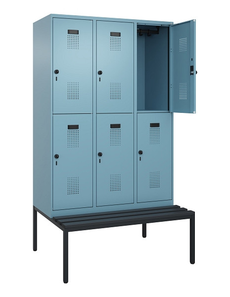 C+P Doppelstock-Spind Evolo PLUS, Bank, 6 Fächer, 2120x1200x815mm, 0010/0010, Drehriegel, Sitzfläche Kunststoff, Sitzbank, 0493507-32 S10102