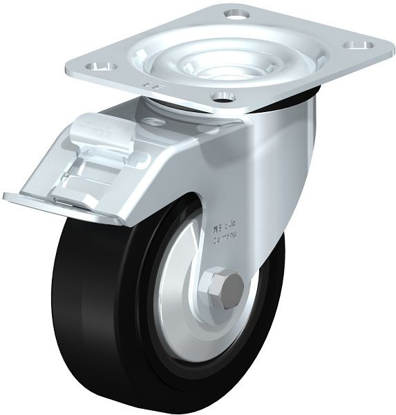 Blickle LE-POEV 100K-FI-FA Stahlblech-Lenkrolle mit Anschraubplatte & Feststeller, Elastik-Vollgummi, Schwarz, 749585