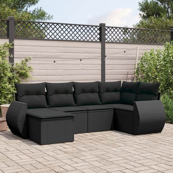 vidaXL 6-tlg. Garten-Sofagarnitur mit Kissen Schwarz Poly Rattan, UV-beständig, 3221654