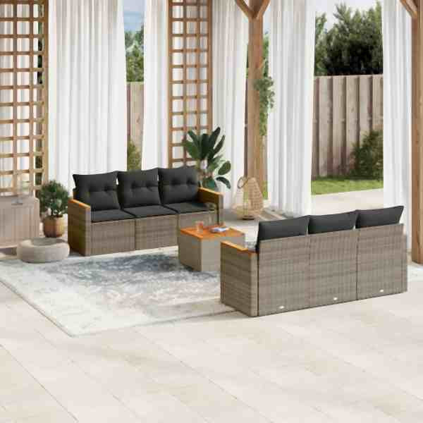 vidaXL 7-tlg. Garten-Sofagarnitur mit Kissen Grau Poly Rattan, UV-beständig, 3225794