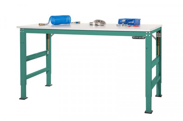 Manuflex Arbeitsgrundtisch UNIVERSAL Ergo E Memory mit PVC-Platte, BxTxH = 1500 x 800 x 722-1002 mm, Graugrün, AU9559.0001
