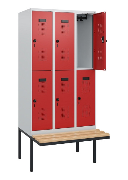 C+P Doppelstock-Spind Evolo PLUS, Bank, 6 Fächer, 1950x900x815mm, 7035/3000, Drehriegel, Sitzfläche Buche-Hartholz, 0493405-30 S10003