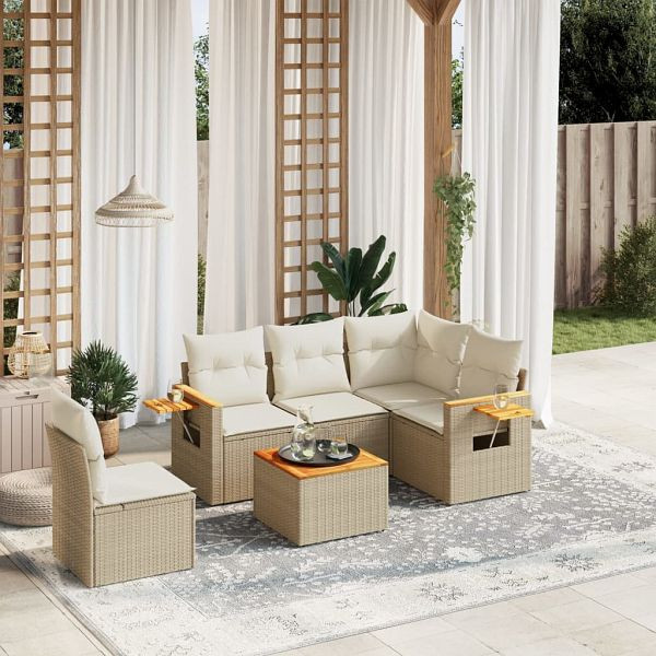vidaXL 6-teilig Garten-Sofagarnitur mit Kissen Beige Poly Rattan, 3259223