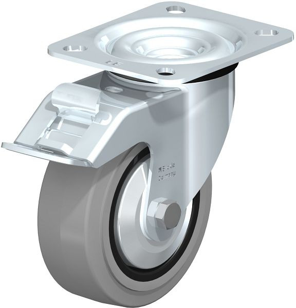 Blickle LE-POEV 100K-FI-SG-FA Stahlblech-Lenkrolle mit Anschraubplatte & Feststeller, Elastik-Vollgummi, Grau, 749586