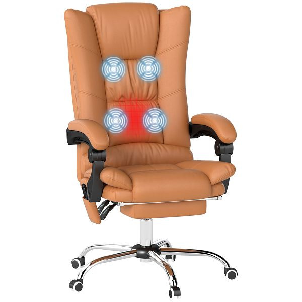 Vinsetto Massage-Bürostuhl, Schreibtischstuhl mit Heizfunktion, Drehstuhl, Liegefunktion, höhenverstellbarer PC-Stuhl, Hellbraun, 921-667V70LR