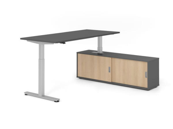Hammerbacher Schreibtisch XMST19, 180x80cm, Platte: Graphit, T-Fuß Gestell Silber, Höhe: 71 - 120 cm, Graphit / Eiche, VXMST19SB/G/S/G/E
