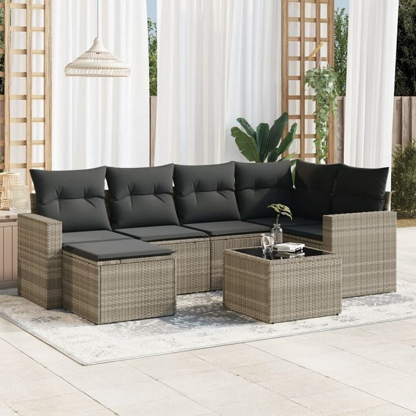 vidaXL 7-tlg. Garten-Sofagarnitur mit Kissen Hellgrau Poly Rattan, 3219262
