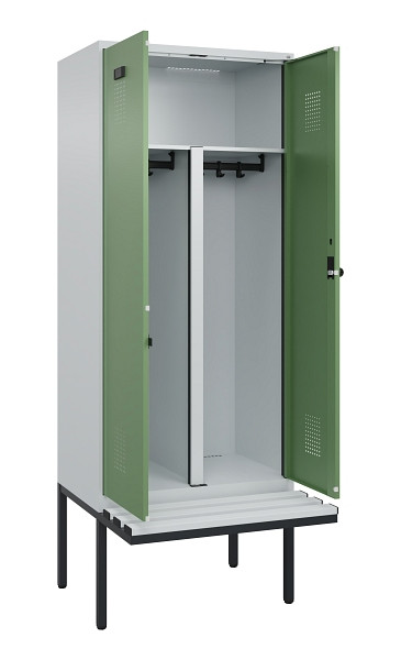 C+P PSA Doppel-Spind Evolo PLUS, Bank, 2 Abteile, 2120x800x815mm, 7035/6011, Drehriegel, Material Sitzfläche Kunststoff, 0490427-22P S10064