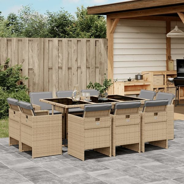 vidaXL 11-teilig Garten-Essgruppe mit Kissen Beigemischung Poly Rattan, 3210672