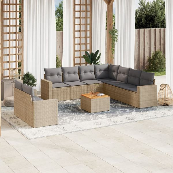 vidaXL 10-teilig Garten-Sofagarnitur mit Kissen Beige Poly Rattan, 3224190