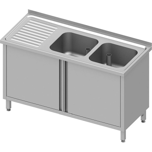 Stalgast Spülschrank mit Flügeltüren, 1500x600x850 mm, mit zwei Becken rechts, mit Aufkantung, verschweißt, VSK15622RA