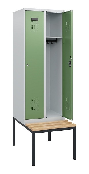 C+P Spind Evolo PLUS, 2 Abteile, 1950x600x815mm, 7035/6011, Zylinderschloss, Sitzfläche Holz, Sitzbank, 0490505-20 S10037