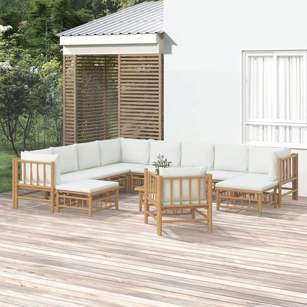 vidaXL 12-teilig Garten-Lounge-Set mit Cremeweißen Kissen Bambus, 3155194