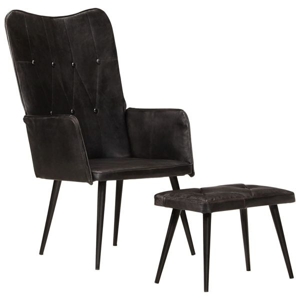 vidaXL Ohrensessel mit Hocker Schwarz Echtleder, 339666