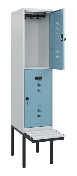C+P Doppelstock-Spind Evolo PLUS, Bank, 2 Fächer, 1950x400x815mm, 7035/0010, Drehriegel, Sitzfläche Kunststoff, 0493405-12 S10097