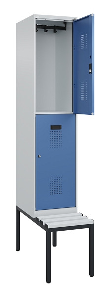 C+P Doppelstock-Spind Evolo PLUS, Bank, 2 Fächer, 2120x400x815mm, 7035/5023, Zylinderschloss, Sitzfläche Kunststoff, Sitzbank, 0493507-12 S10116