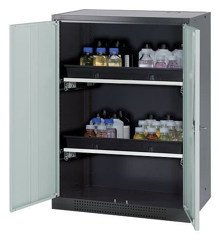 asecos Chemikalienschrank Systema-T CS-82, Korpus anthrazit, Flügeltüren grau, 2 Tablarauszüge, 208646