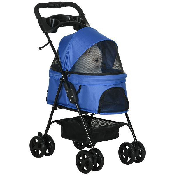 PawHut Hundebuggy Hundewagen bis 4 kg Klappbar Netzfenster Bodenkorb Becherhalter abnehmbares Dach blau, D00-127BU