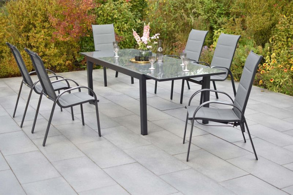 Merxx Amalfi Set 7-teilig, 4 Amalfi Stapelsessel, gepolstert, 2 Amalfi Stapelsessel, gepolstert, 1 Semi Ausziehtisch 180 (250) x 100 cm, 51109-309