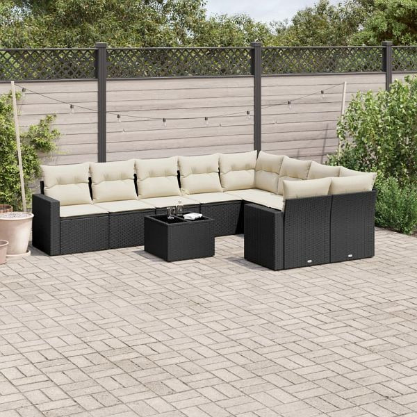 vidaXL 10-teilig Garten-Sofagarnitur mit Kissen Schwarz Poly Rattan, 3219436