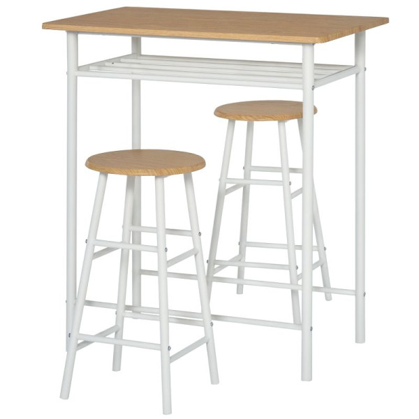 HOMCOM Bartisch Set Bartisch mit 2 Barhockern Essgruppe Küchentisch mit Lagerregal Esstisch für Esszimmer, Küche, Weiß, 835-297WT