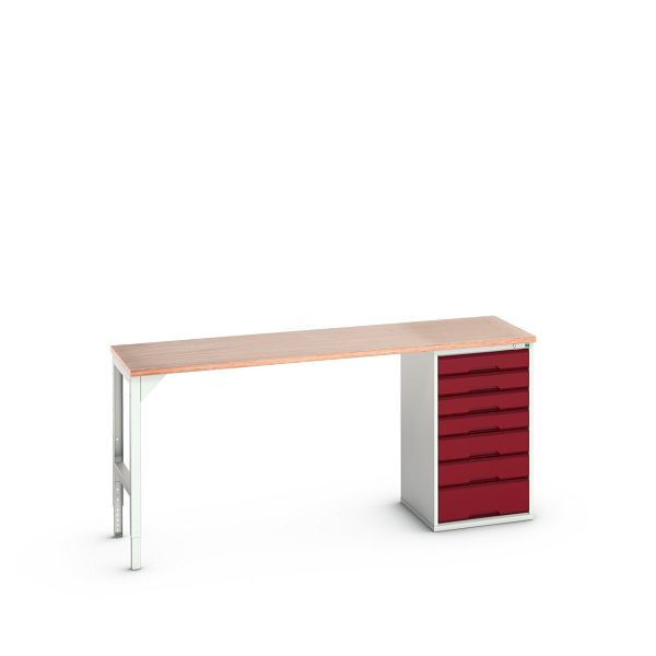 bott verso Unterbauwerkbank (Multiplex) mit 7 Schubladen (Breite: 525mm) BxTxH: 2000 x 600 x 930 mm, Lichtgrau / Purpurrot, 16921951.24