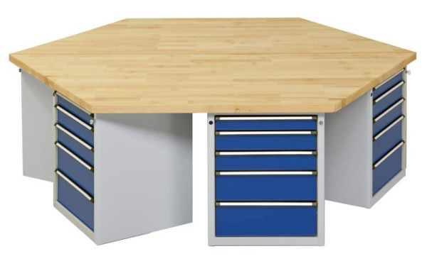 ANKE Werkbänke 6-Eck-Gruppenwerkbank; 6 Arbeitsplätze; 2340x2700x900 mm; RAL 7035/5010; Buche-Massiv-Platte 50 mm; Kantenlänge 1350 mm, 440.508