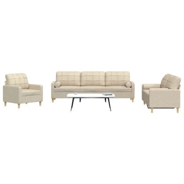 vidaXL 3-tlg. Sofagarnitur mit Dekokissen Creme Stoff, 3278305