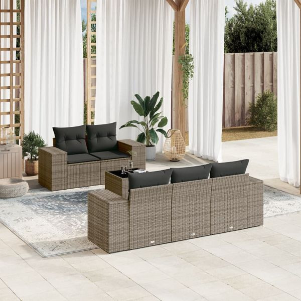 vidaXL 6-teilig Garten-Sofagarnitur mit Kissen Grau Poly Rattan, 3222299