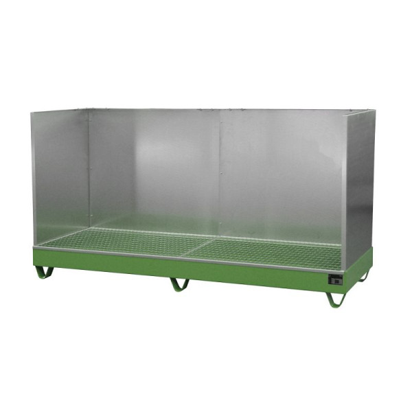 STEIN HGS Auffangwanne Serie 2000/SW, mit Spritzschutzwand, 222 Liter, RAL 6011 resedagrün, Gesamthöhe 1250 mm, lackiert, 4 x 200 Liter Fass, 79195.0022