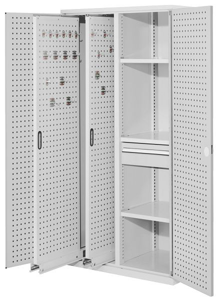 Kappes RasterPlan Vertikalschrank Modell 82, 1950 x 1000 x 600 mm, RAL 7035, Türinnenseite: RasterPlan Lochplatten, 2 Auszüge Lochplatten, 1465.03.3013