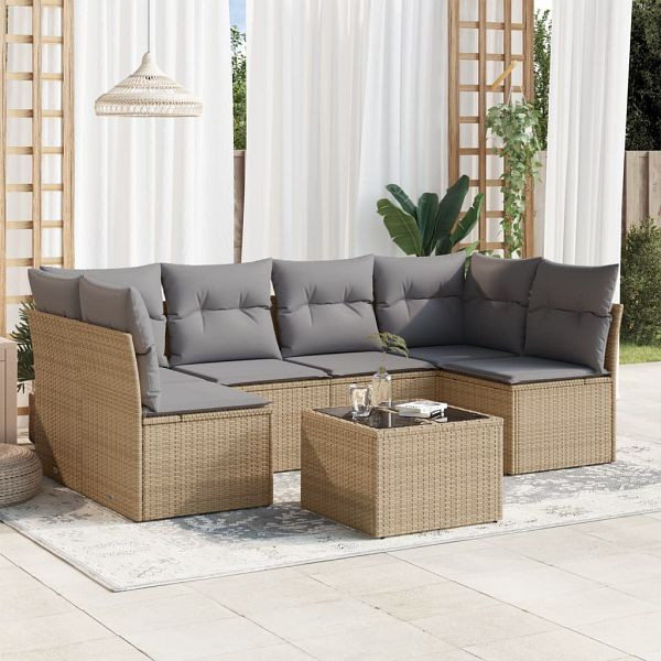 vidaXL 7-teilig Garten-Sofagarnitur mit Kissen Beige Poly Rattan, 3217399
