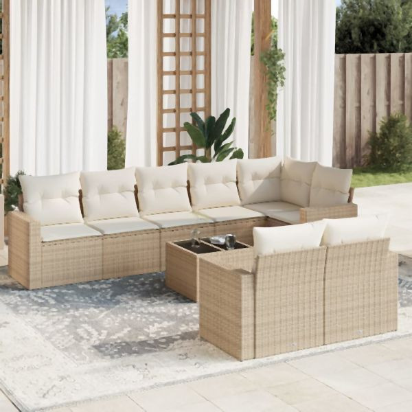 vidaXL 9-tlg. Garten-Sofagarnitur mit Kissen Beige Poly Rattan, 3251565