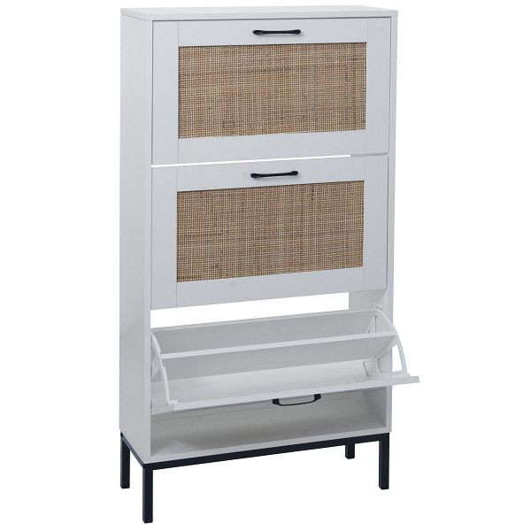 Mendler Schuhschrank HWC-N92, Schuhkipper Schuhregal, 3 Fächer Rattanfront Melamin, 126x63x24cm, weiß, 109704