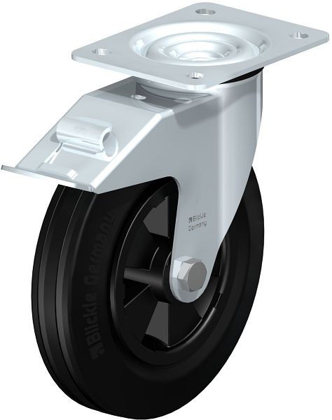 Blickle LE-VPP 200R-FI Stahlblech-Lenkrolle mit Anschraubplatte & Feststeller, Vollgummi, Schwarz, 394114