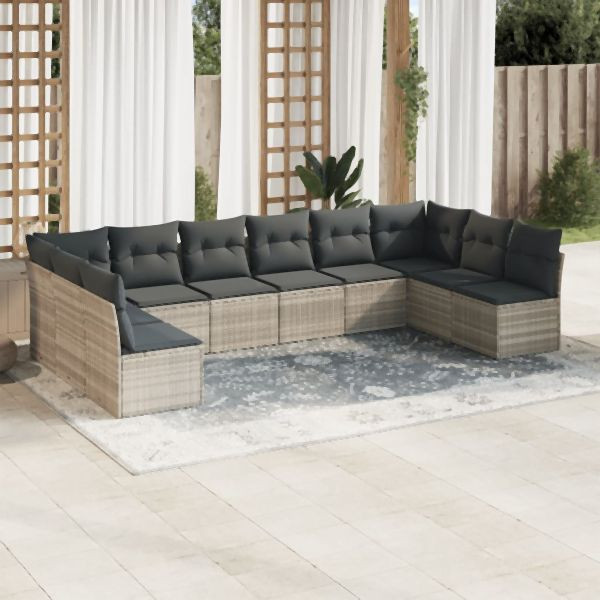 vidaXL 10-tlg. Garten-Sofagarnitur mit Kissen Hellgrau Poly Rattan, 3249931