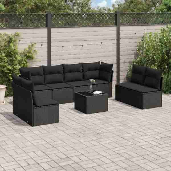 vidaXL 9-tlg. Garten-Sofagarnitur mit Kissen Schwarz Poly Rattan, UV-beständig, 3217455
