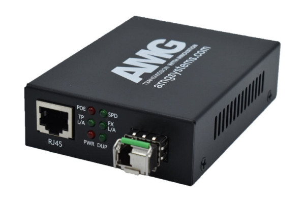 AMG Systems POE Medienkonverter, für 0°C bis 50°, 1 x 1GBT RJ45, 1 x GFX, SM, 1 Faser, B Typ, AMG210M-1GAT-1SS1B-P30