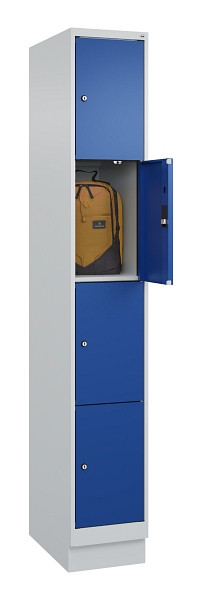 C+P Schließfachschrank Evolo PLUS, mit Sockel, 4 Fächer, 1950x300x500mm, 7035/50, Frontfarbe RAL 5010 Enzianblau, 049020-104 S10006