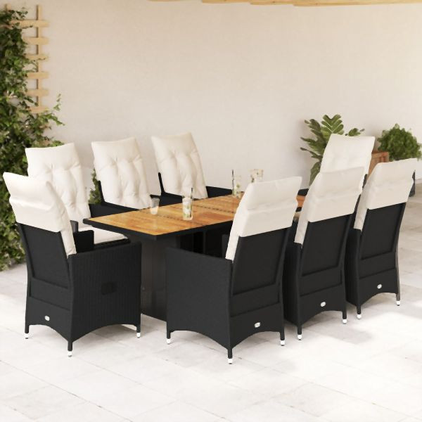vidaXL 9-tlg. Garten-Essgruppe mit Kissen Schwarz Poly Rattan, 3276690