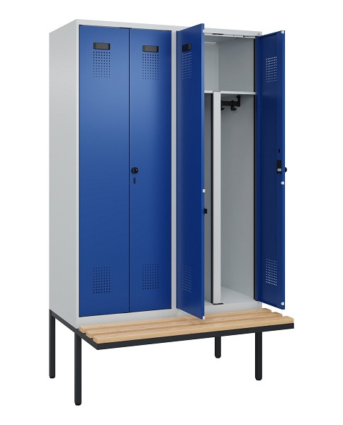 C+P PSA Doppel-Spind Evolo PLUS, Bank, 4 Abteile, 2120x1200x815mm, 7035/5010, Drehriegel, Sitzfläche Holz, 0490427-40P S10006