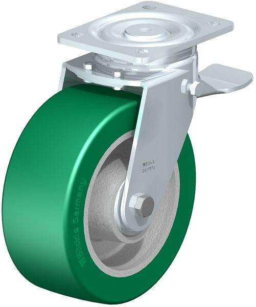 Blickle LH-GST 202K-ST Stahlblech-Lenkrolle, Schwerlast-Ausführung, mit Anschraubplatte & Feststeller, Blickle Softhane®, Grün, 852394