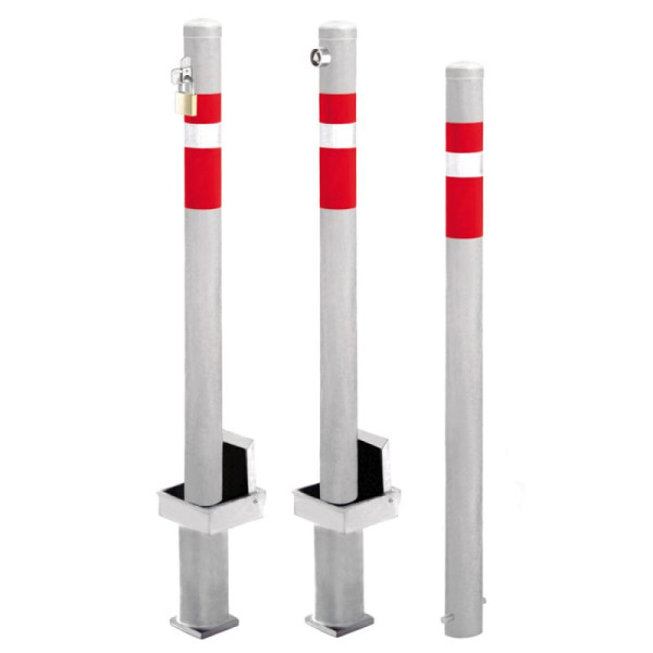 Stein HGS Absperrpfosten -Steel Line-, vorgerüstet für, Profilhalbzylinder, Schließung oben, heraushebbar, inkl. Bodenhülse, mit 3 Ösen (90°), 14214-03