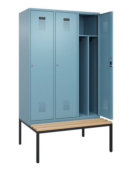 C+P Spind Evolo PLUS, 3 Abteile, 2120x1200x815mm, 0010/0010, Haken 4, Zylinderschloss, Sitzfläche Buche-Hartholz, Sitzbank, Trennwand, 0490507-32F S10048