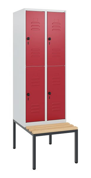 C+P Doppelstöckiger Spind Classic PLUS, 2 Abteile, 1950x600x815mm, 7035/3003, Drehriegel, Buche-Sitzleisten, mit untergebauter Sitzbank, 0803505-20 S10001